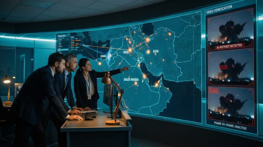 Team analyzing geopolitical data and video verification on a large digital map screen.