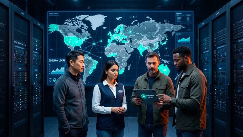 Team analyzing global network security and cloud resilience strategies.