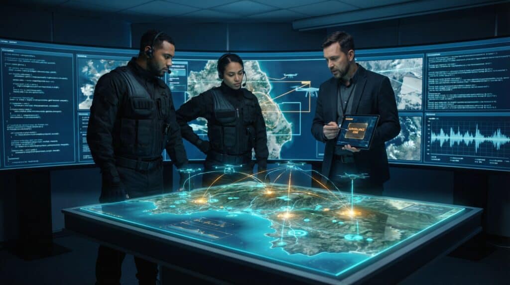Autonomous military personnel analyze digital maps and strategic data on a high-tech command table.