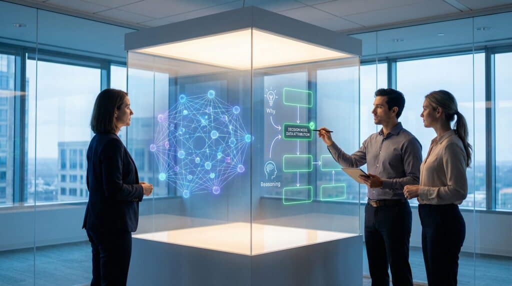 Business professionals discussing AI explainability and transparency in a modern office.