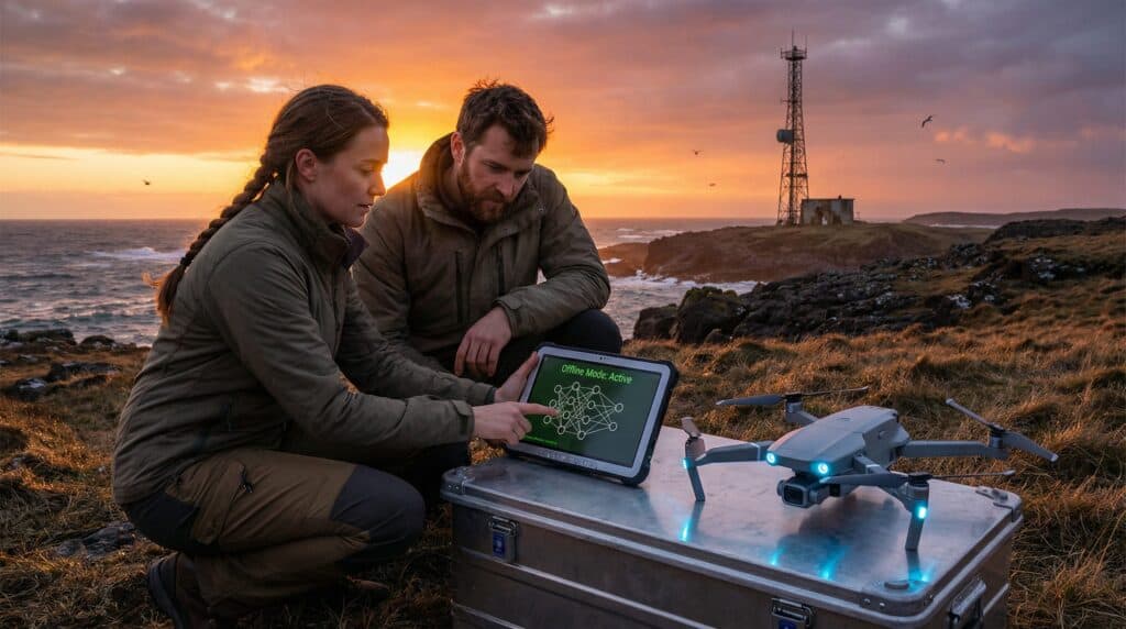 Two researchers working with Edge AI technology outdoors at sunset.