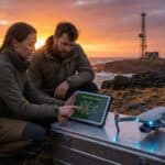 Two researchers working with Edge AI technology outdoors at sunset.