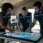 AI-powered disaster response team analyzing data on a large touchscreen table.