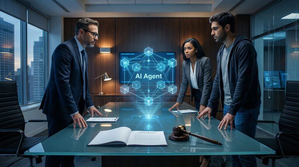 Business team discussing AI agent responsibilities in a modern office.