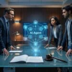 Business team discussing AI agent responsibilities in a modern office.